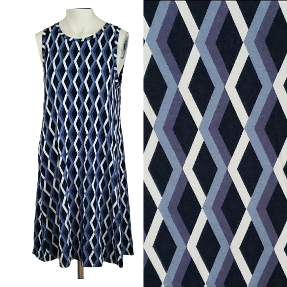 LOFT Outlet Blues & White Geo Diamond Print Sleeveless Casual A-Lin Dress, M